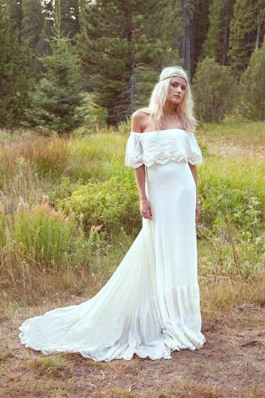 A Line Off the Shoulder Ivory Lace Beach Wedding Dresses Chiffon Bridal Dress W1096
