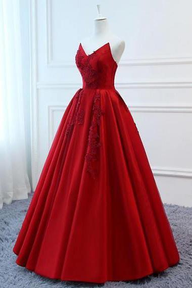 A Line Red Strapless Sweetheart Prom Dresses Satin Long Cheap Quinceanera Dresses RS605