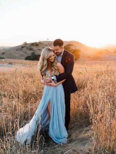 A Line Sky Blue Rustic Chiffon Deep V Neck Slit Summer Beach Wedding Dresses RS863