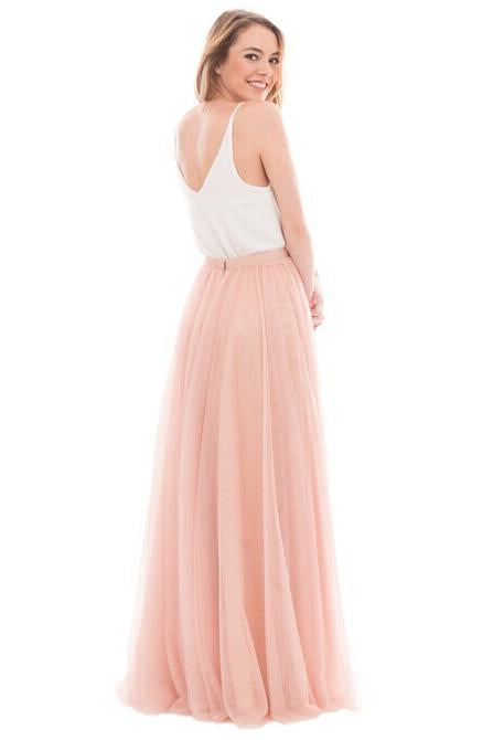 Elegant A Line Spaghetti Straps Sleeveless Pink and White Tulle Bridesmaid Dress with V Neck RS957