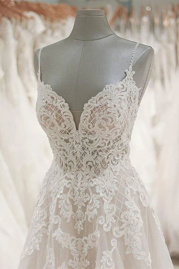 A Line Spaghetti Straps V Neck Beach Wedding Dresses Beaded Bodice Wedding Dresses W1062