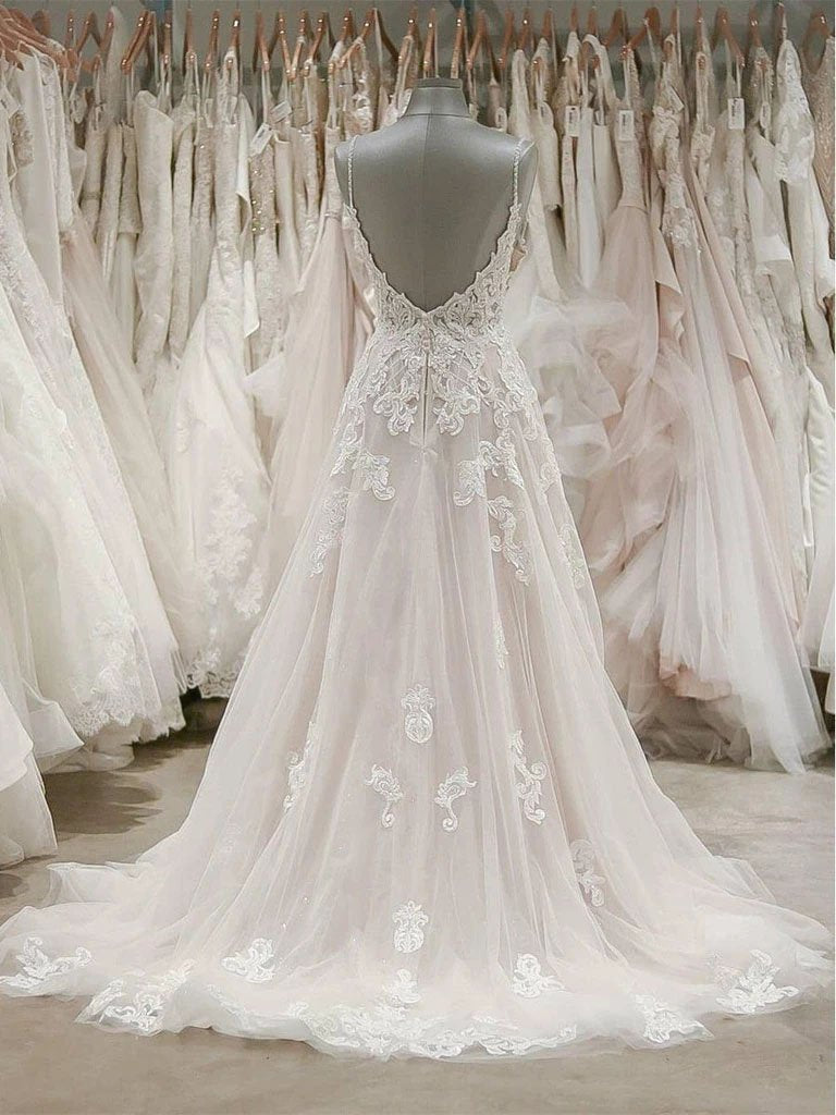 A Line Spaghetti Straps V Neck Beach Wedding Dresses Beaded Bodice Wedding Dresses W1062