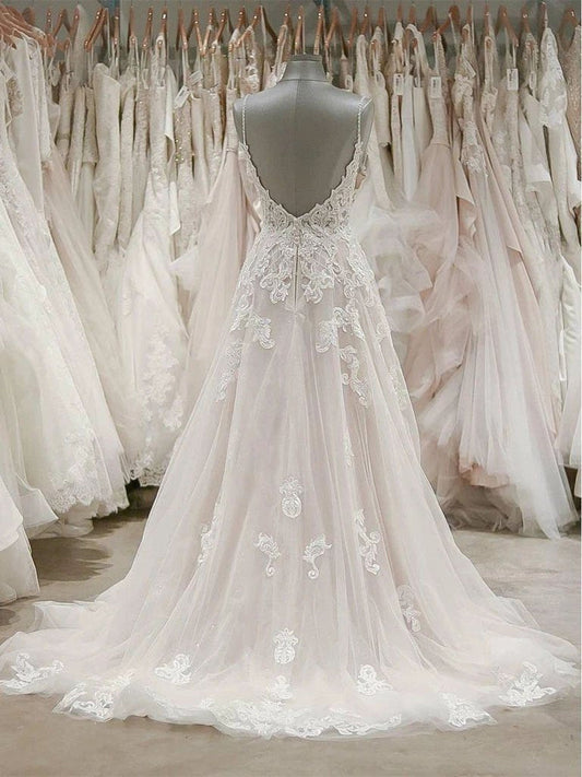 A Line Spaghetti Straps V Neck Beach Wedding Dresses Beaded Bodice Wedding Dresses W1062