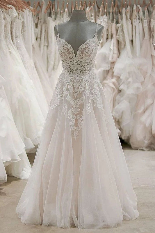 A Line Spaghetti Straps V Neck Beach Wedding Dresses Beaded Bodice Wedding Dresses W1062