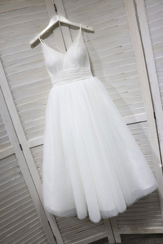 A Line Spaghetti Straps White Lace up Tulle V Neck Short Prom Dress Homecoming Dress H1028