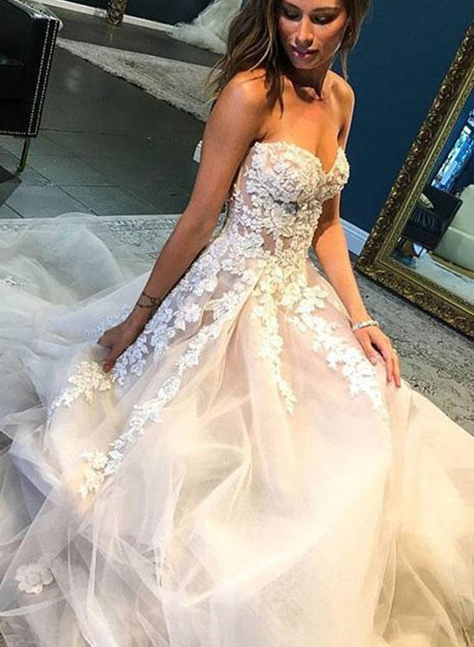 A Line Sweetheart Tulle Wedding Dress with Lace Appliques Long Prom Formal Dresses W1084