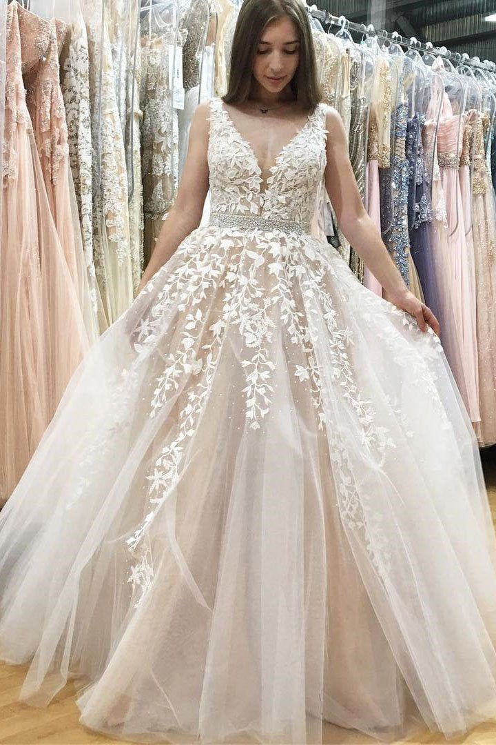 A Line V Neck Long Ivory Lace Appliques Wedding Dresses Beads Tulle Prom Dresses RS598