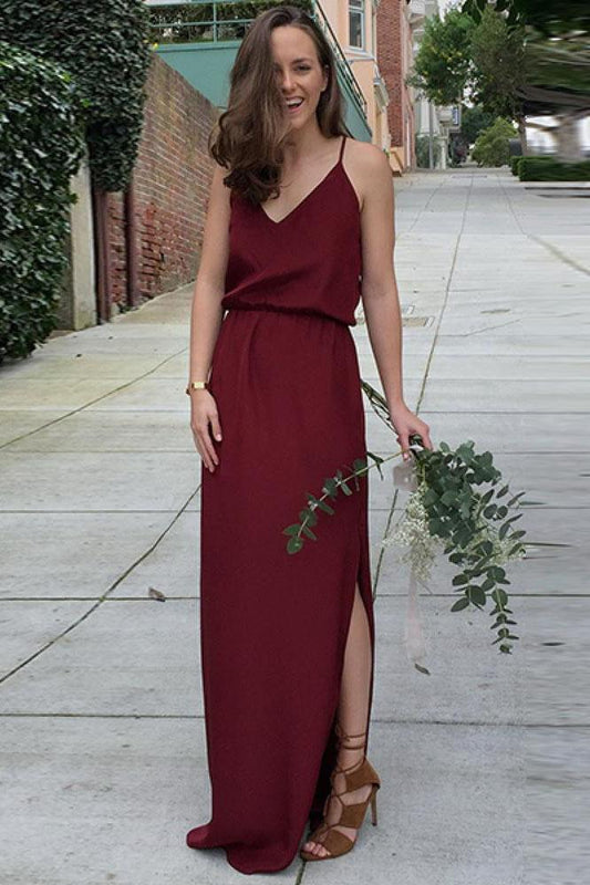 A Line V Neck Spaghetti Straps Burgundy Bridesmaid Dresses Sweetheart Slit Prom Dress RS346