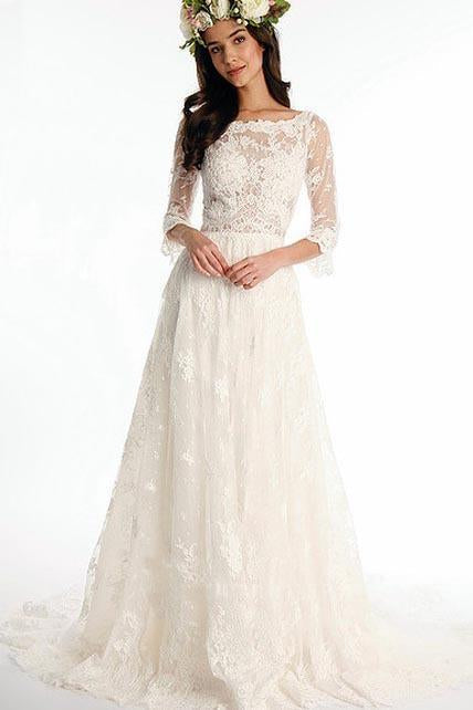 A line Bateau Half Sleeve Lace Wedding Dress With Sweep Train V Back Bridal Dress PW513