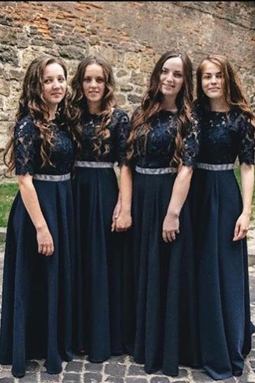 A line Dark Blue Half Sleeve Scoop Bridesmaid Dresses Chiffon Lace Prom Dresses RS543