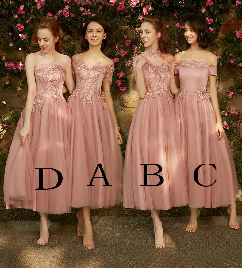 A line Dusty Pink Short Sleeve Bridesmaid Dresses Lace Tulle Prom Dresses RS807