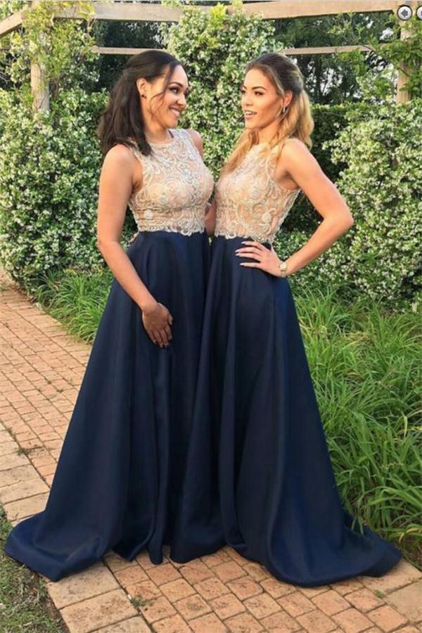 A line High Neck Blue Sleeveless Beads Prom Dresses Satin Bridesmaid Dresses RS876