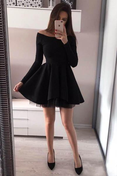 A line Long Sleeve Black Satin Short Prom Dresses Above Knee Cocktail Dresses RS659