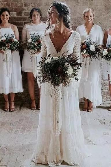 A line Long Sleeve Deep V Neck Lace Backless Wedding Dresses Long Bridal Dresses RS558