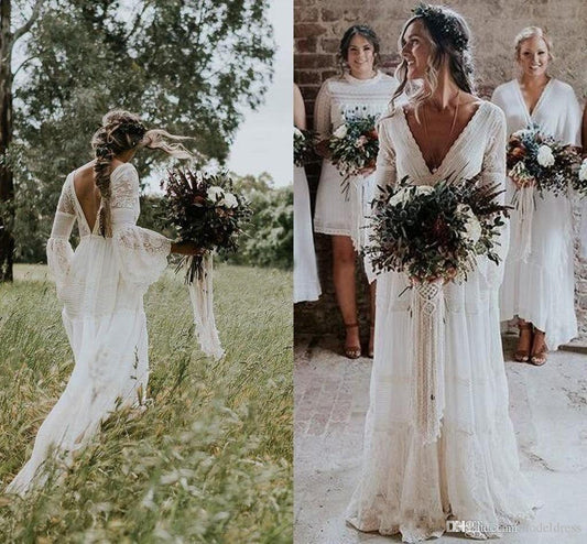 A line Long Sleeve Deep V Neck Lace Backless Wedding Dresses Long Bridal Dresses RS558
