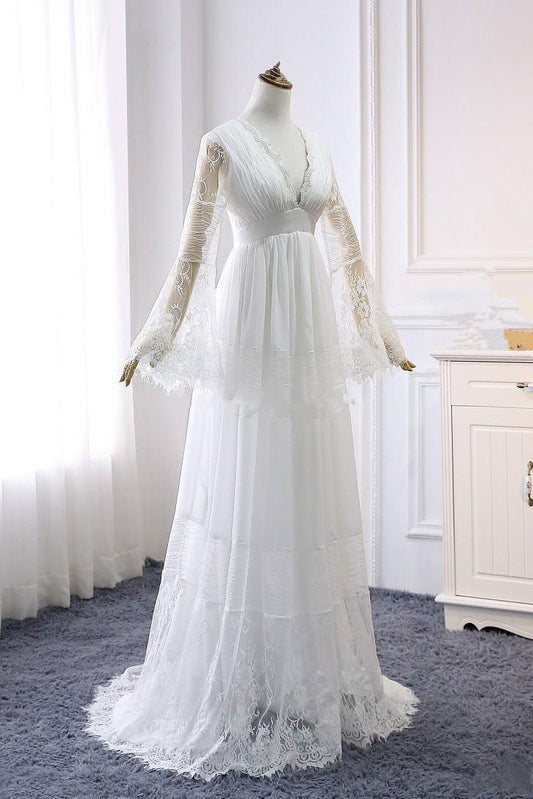 A line Long Sleeve V Neck Lace Ivory Wedding Dresses V Neck Beach Bridal Dresses W1010