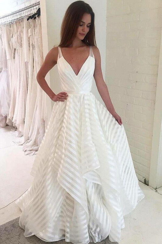 A line V Neck Spaghetti Straps Prom Dresses with Ruffles Long Wedding Dresses RS595