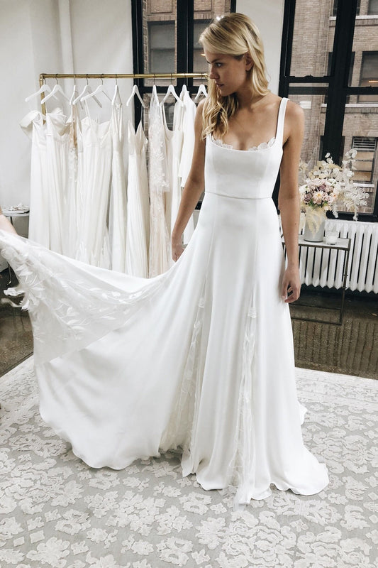 A line White Satin Wedding Dresses with Tulle Appliques Spaghetti Straps Bridal Dress RS719