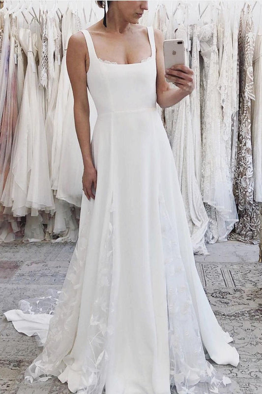 A line White Satin Wedding Dresses with Tulle Appliques Spaghetti Straps Bridal Dress RS719