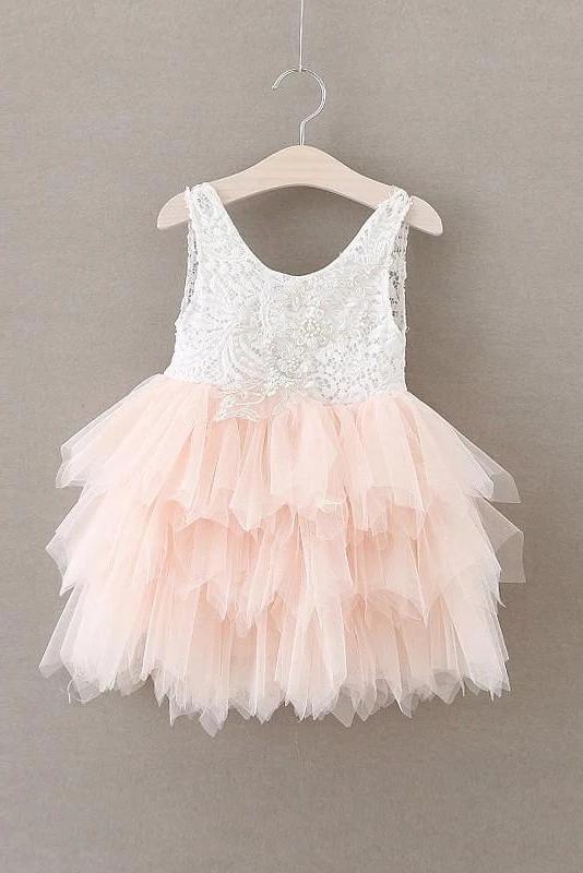 Adorable A-line Knee length Pink Tulle Little Flower Girl Dress with Lace Party Dress FG1005