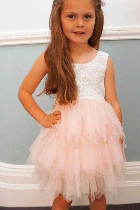 Adorable A-line Knee length Pink Tulle Little Flower Girl Dress with Lace Party Dress FG1005