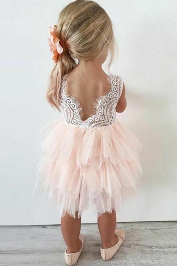 Adorable A-line Knee length Pink Tulle Little Flower Girl Dress with Lace Party Dress FG1005