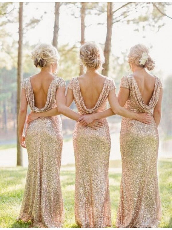Sequin Short Sleeve Cap Sleeve Mermaid Backless Gold Long Cheap Bridesmaid Dresses RS52