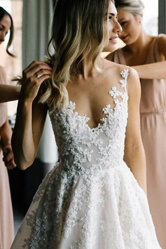A Line Round Neck Floor Length V Neck Cheap Wedding Dress with Lace Appliques RS202