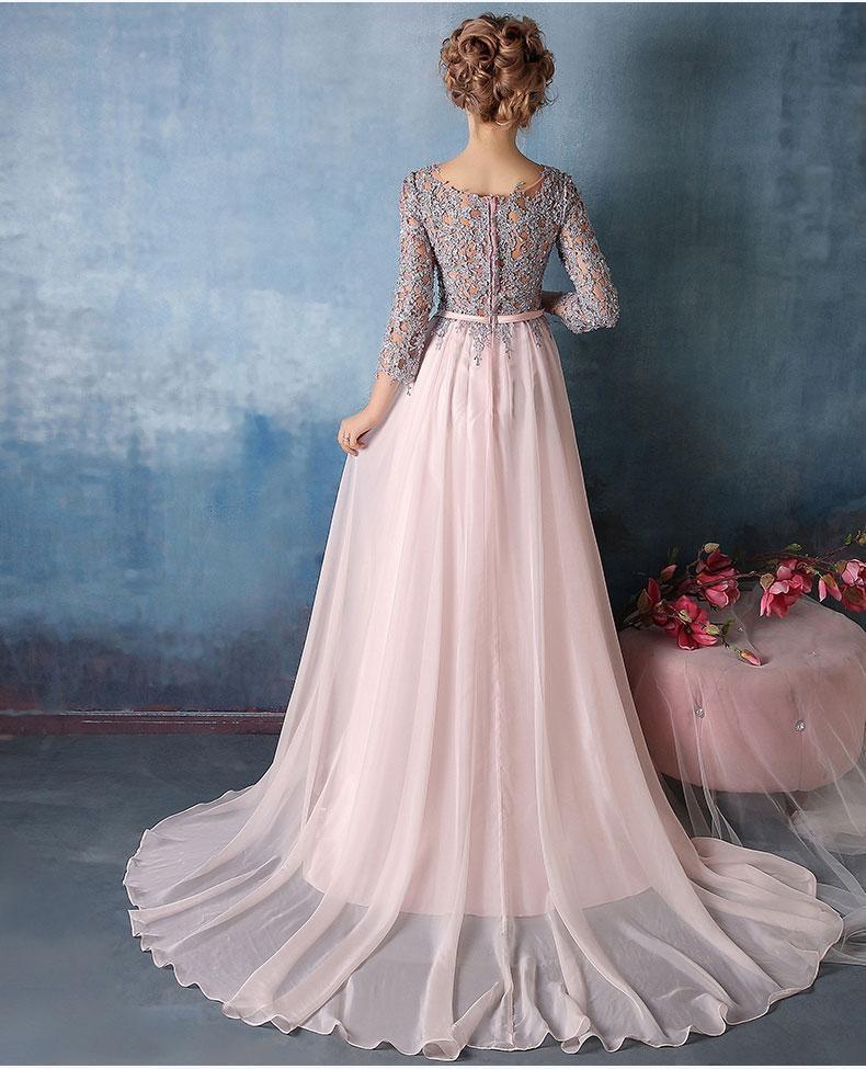 Scoop A-line Pink Chiffon with Silver Lace Appliqued Long 3/4 Sleeves Prom Dresses RS311