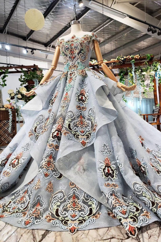 Ball Gown Blue Cap Sleeve Long Prom Dresses Lace up Beads Quinceanera Dresses P1088