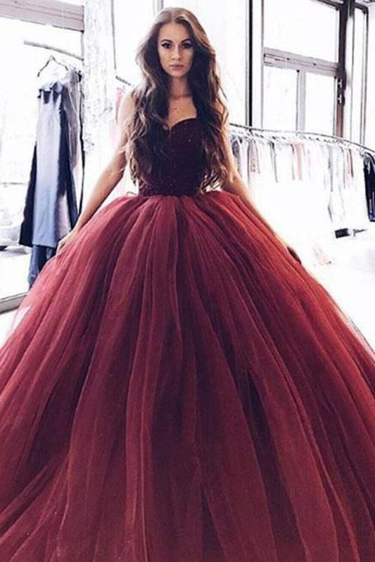 Ball Gown Burgundy Tulle Strapless Sweetheart Prom Dresses Quinceanera Dresses RS696
