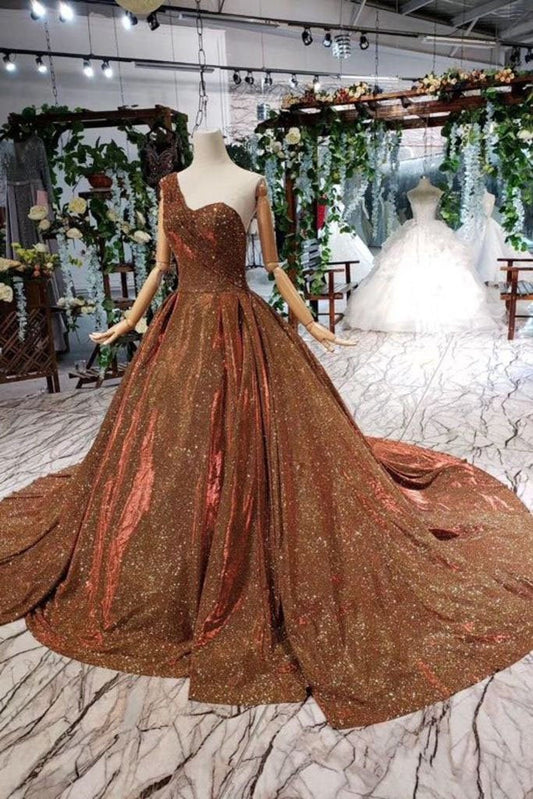 Ball Gown Long Prom Dresses One Shoulder Lace up Sequins Beads Quinceanera Dress RS969