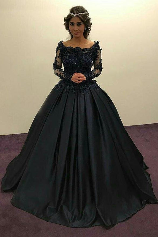 Ball Gown Long Sleeves Navy Blue With Lace Prom Dress Quinceanera Dresses RS450