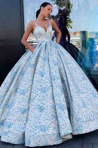 Ball Gown V Neck Spaghetti Straps Prom Dresses with Pockets, Quinceanera Dresses PW456