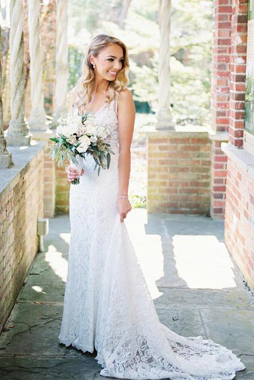 Beauty V Neck Long Lace Beach Wedding Dresses Ivory Mermaid Backless Bridal Dress W1008