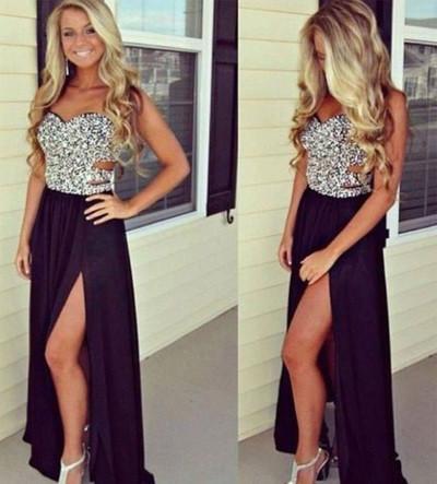 Sexy A-line Backless Long Black Beaded Bodice Slit Side Chiffon Evening Prom Dresses RS15