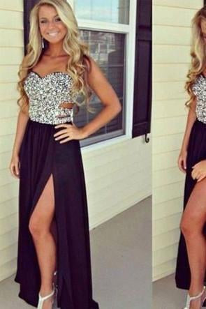 Sexy A-line Backless Long Black Beaded Bodice Slit Side Chiffon Evening Prom Dresses RS15