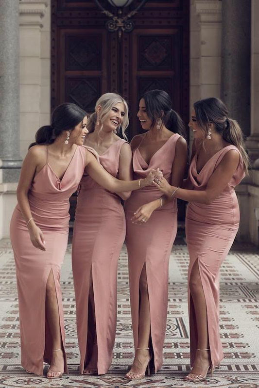 Charming Sheath V Neck Prom Dresses Slit Pink Long Bridesmaid Dresses RS515