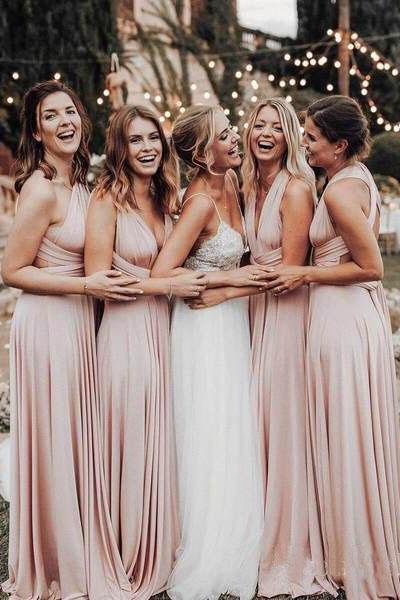 Cheap Long Chiffon Blush Pink Bridesmaid Dresses Convertible Open Back Maxi Dress BD1004