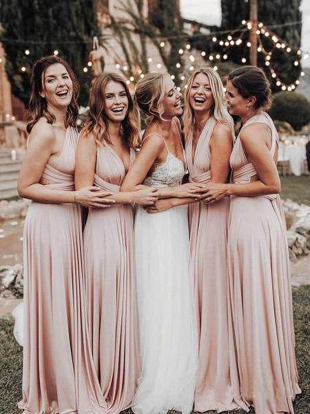 Cheap Long Chiffon Blush Pink Bridesmaid Dresses Convertible Open Back Maxi Dress BD1004