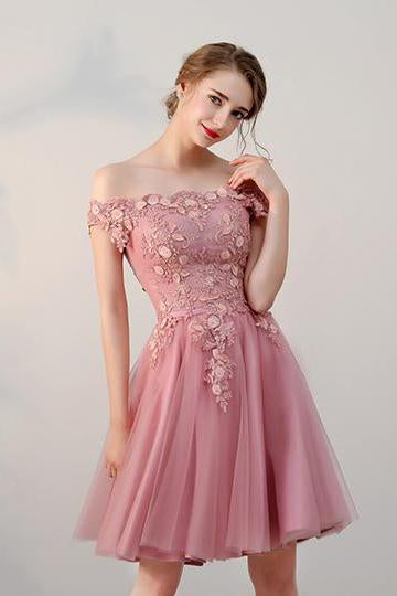 Chic A line Off the Shoulder Tulle Pink Beads Homecoming Dresses with Flowers H1019