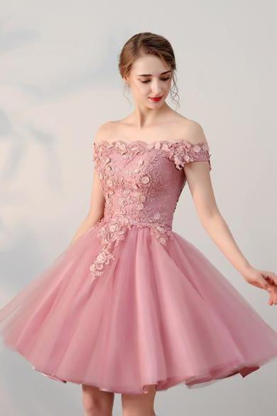 Chic A line Off the Shoulder Tulle Pink Beads Homecoming Dresses with Flowers H1019