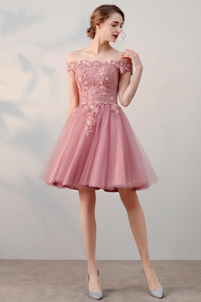 Chic A line Off the Shoulder Tulle Pink Beads Homecoming Dresses with Flowers H1019