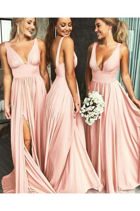 Chic Burgundy Deep V Neck Bridesmaid Dress A Line Sleeveless Backless Prom Dresses BD1009