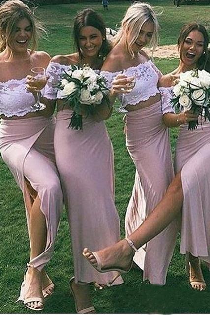 Chic Pink Short Sleeve Lace Side Slit Off the Shoulder Two Piece Bridesmaid Dresses RS958
