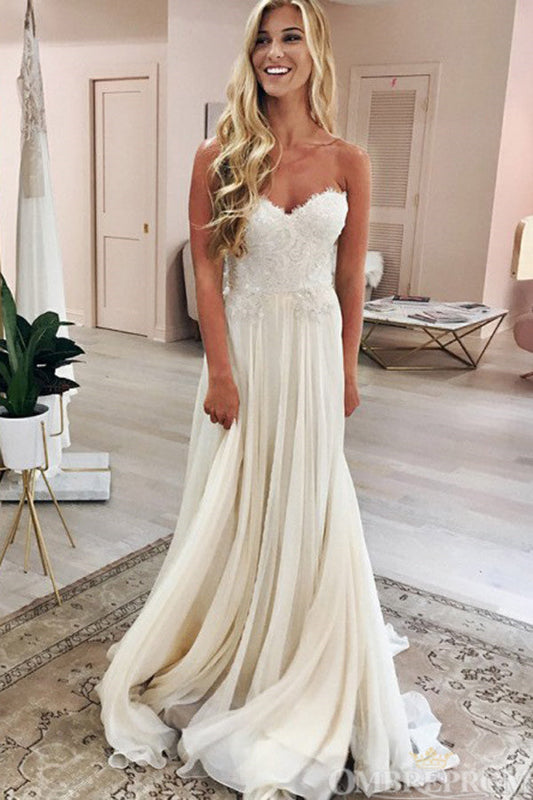Chic Sweetheart Lace A Line Floor Length Long Wedding Dresses