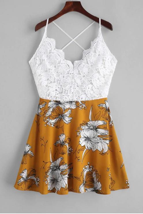 Cute A Line Spaghetti Straps V Neck White Lace Homecoming Dress Floral Print Cocktail Dress H1077