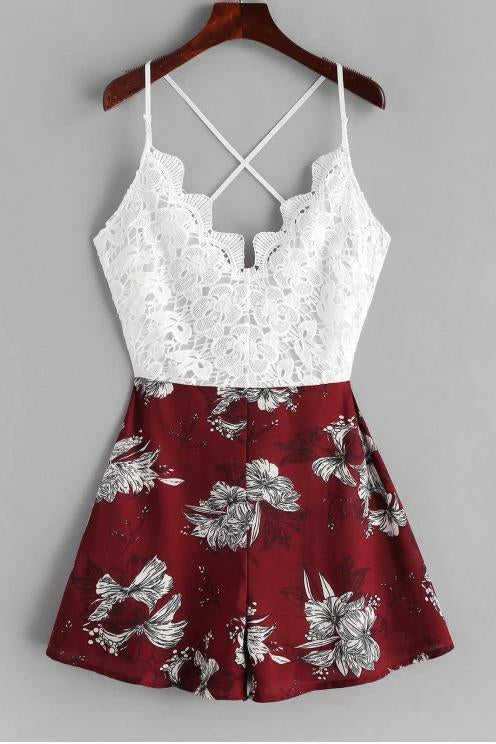Cute A Line Spaghetti Straps V Neck White Lace Homecoming Dress Floral Print Cocktail Dress H1077