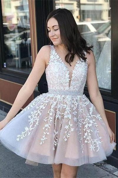 Cute A Line V Neck Lace Appliques Above Knee Hoco Dresses V Back Cocktail Dress H1043