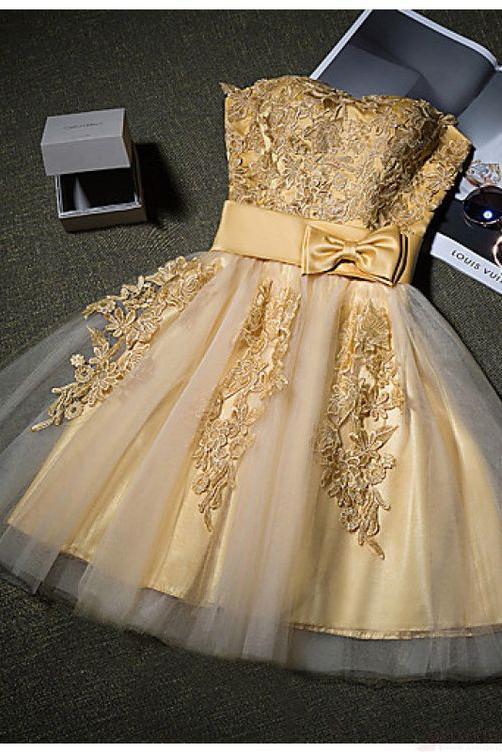 Cute Gold Strapless Mini Homecoming Dresses with Appliques Sweetheart Cocktail Dress RS941